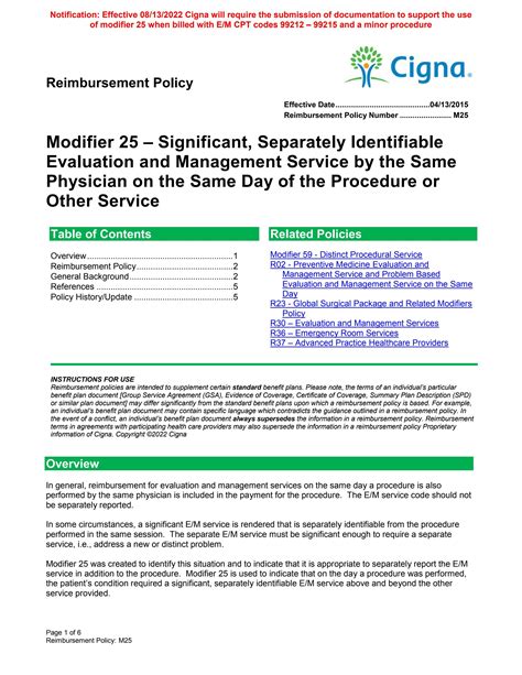 Subject Preventive Medicine Evaluation and. . Cigna modifier reimbursement policy